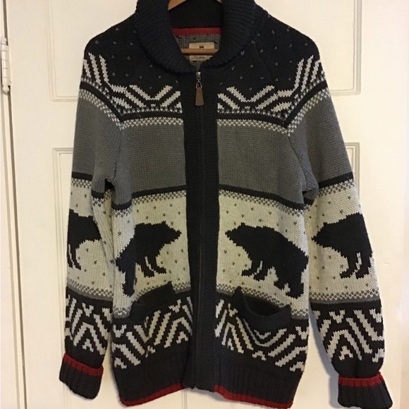 Casual men’s thick knitted zipper cardigan sweater with bear pattern - Picture 1 of 7
